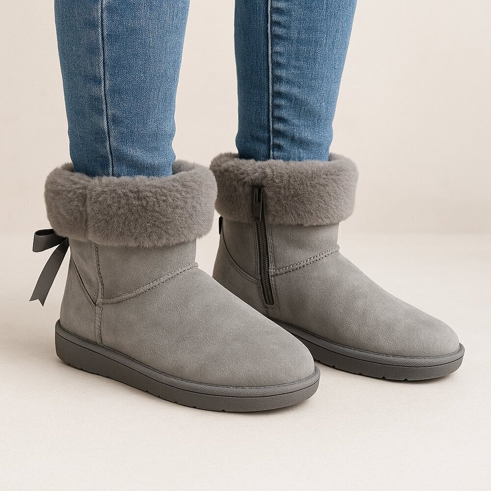 LAM Gray Faux Suede Sherpa Ankle Boots Zip Side Bow Detail Cozy Winter Booties 8
